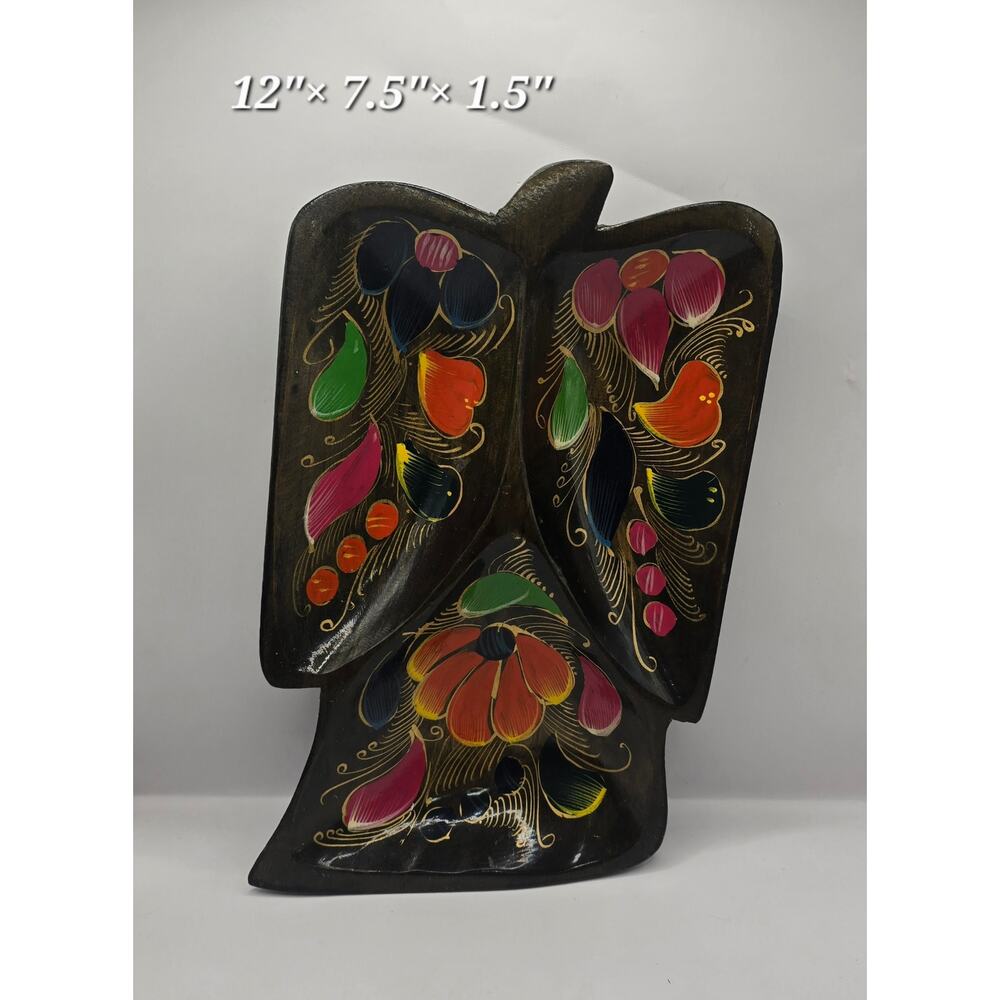 Vintage Mexican Hand-Painted Wooden Platter Tray Boho Maximalist Ecelectic